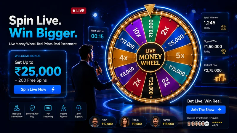 1xBet Crazy Time live game show with a presenter spinning the money wheel