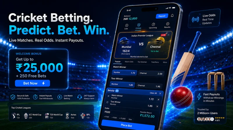 1xBet cricket betting screen showing an IPL match with Match Winner and Toss Winner odds on the betslip