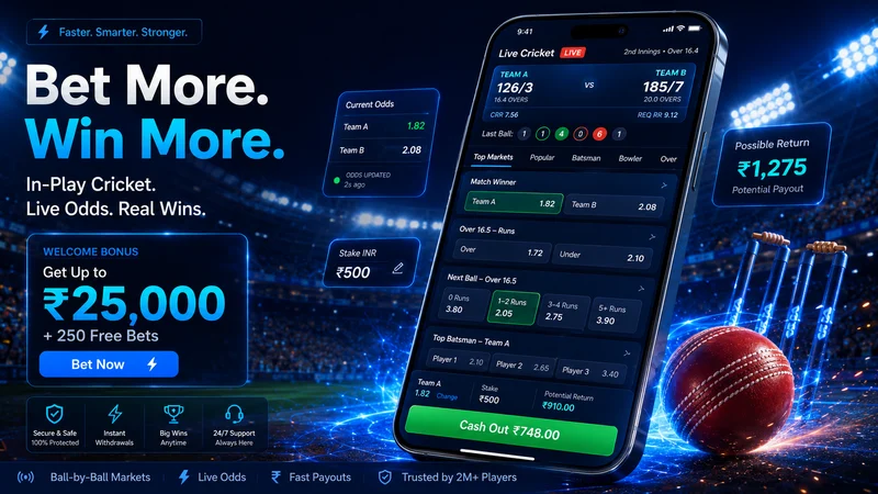 1xBet IPL live in-play odds updating ball by ball with a Cash Out button on an open bet