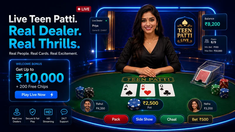 1xBet live Teen Patti table with a real dealer streaming cards to Indian players